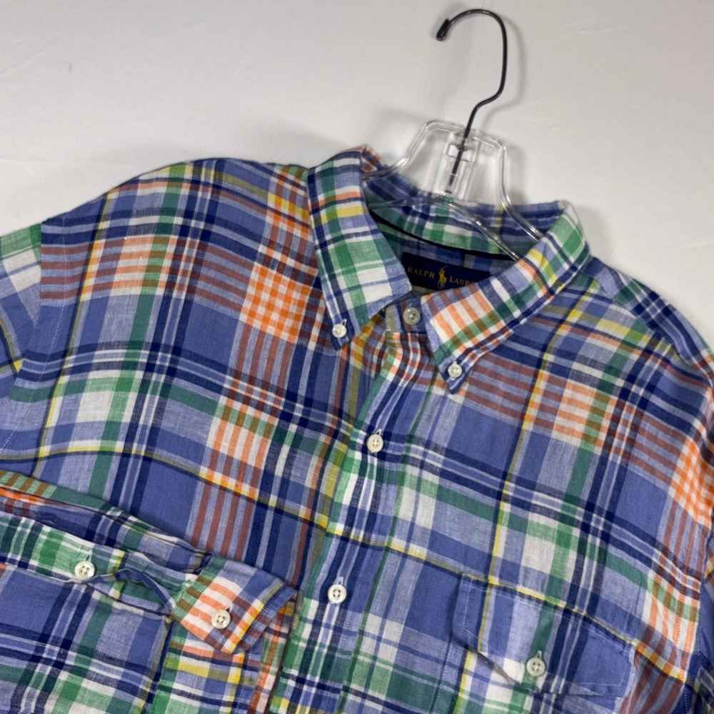 Ralph Lauren Mens XL Linen Plaid Button Down Shirt Blue Green Orange Long Sleeve